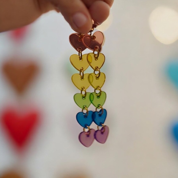 Handmade colorful Resin Rainbow Heart Drop Earrings - Picture 3 of 6